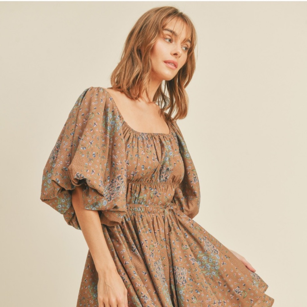 Bubble sleeve dress mocha floral - Picture 3 of 7